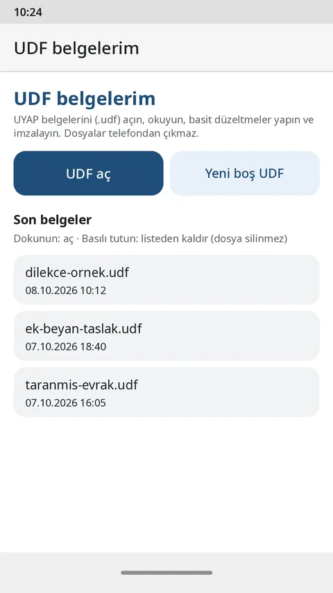 UDF İmza Android UDF belgelerim ekranı: UDF aç, yeni boş UDF düğmeleri ve son belgeler listesi