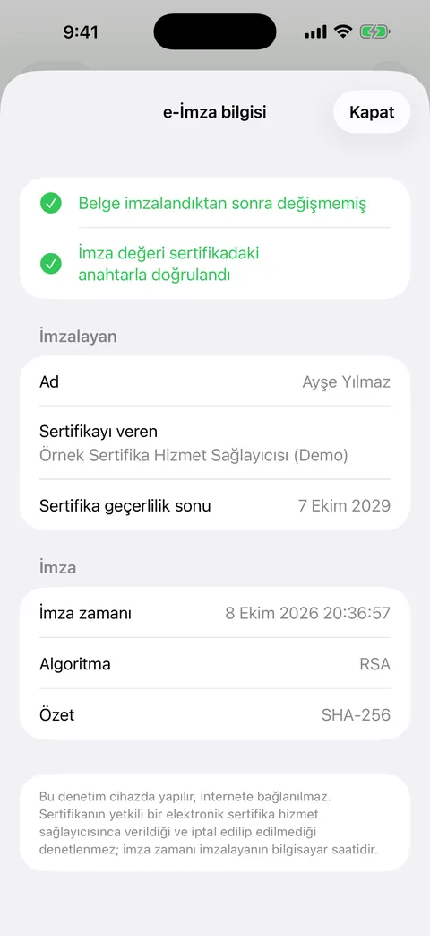 UDF İmza iPhone e-imza bilgisi ekranı: belge imzalandıktan sonra değişmemiş, imza değeri sertifikadaki anahtarla doğrulandı